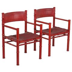 Mid-Century Aniline Red Leather and Wood Armchairs by ASKO