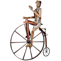 Vintage Large Striking Folk Art Highwheel Bicycle and Rider