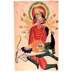 Durga on Lion, Kalighat Style (Print edition 2016, Framed)
