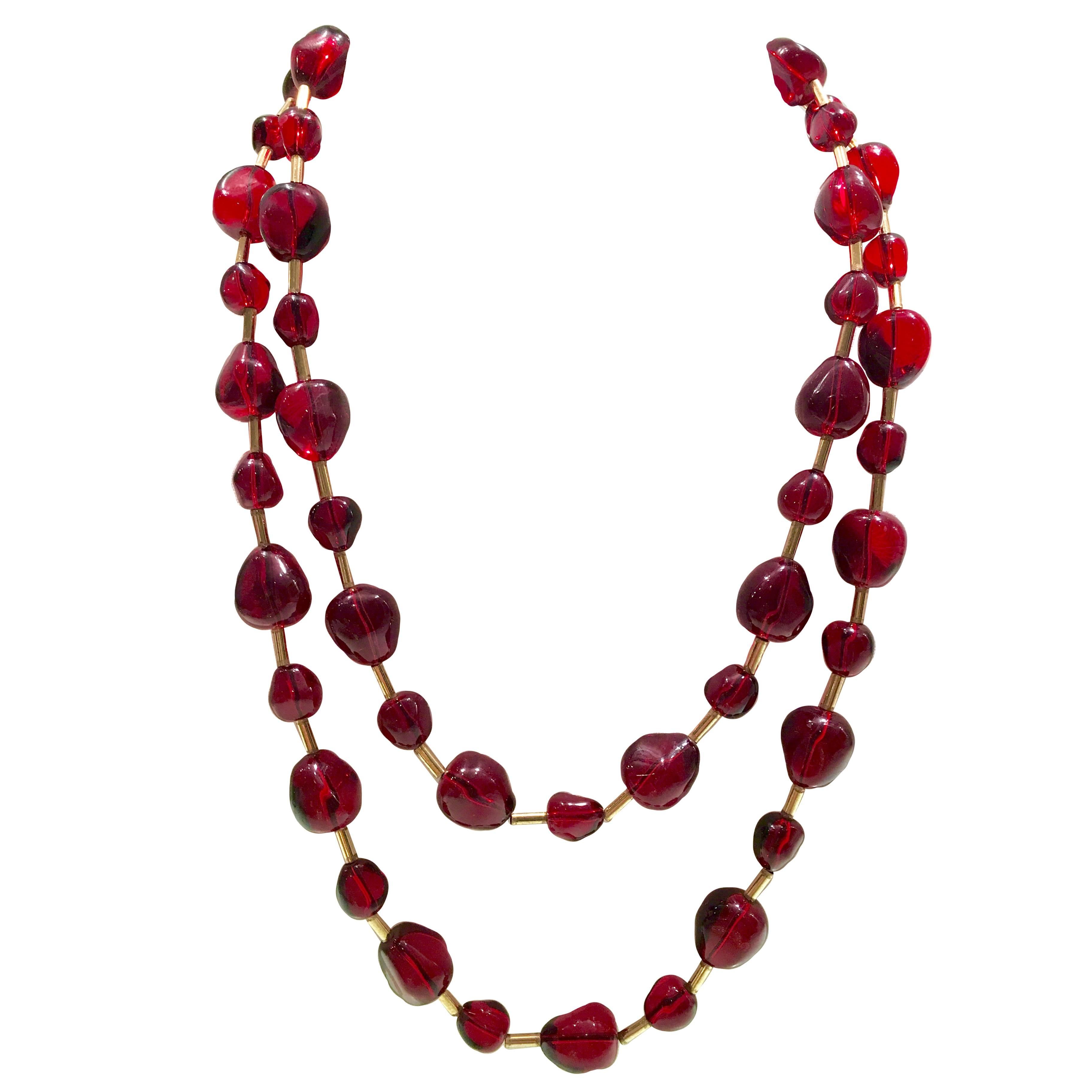 KJL Opera Length Ruby Red Bead and Gold Plate Necklace, Signed