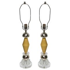 Pair of Mid-Century Modern Memphis Style Table Lamps Postmodern Glass / Chrome