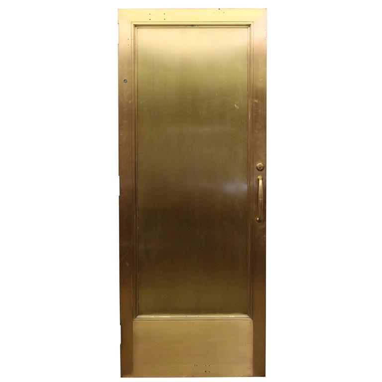 1920s Brass Lobby Door with Wood Veneer on One Side and Original