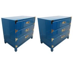 Pair of Ocean Blue Lacquered Campaign Chests