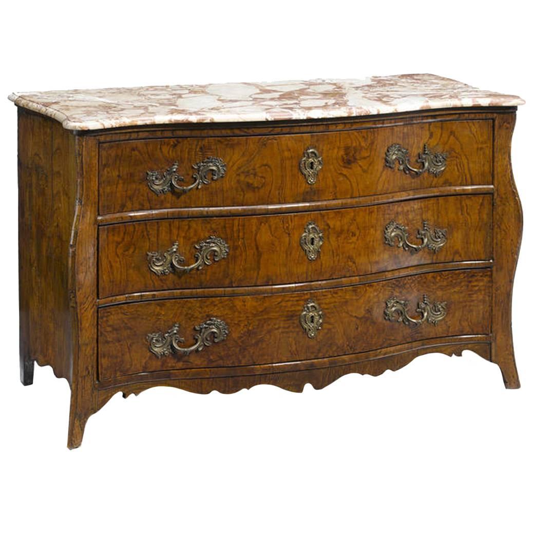 18th Century Italian Rococo Elmwood Commode with Marble Top For Sale