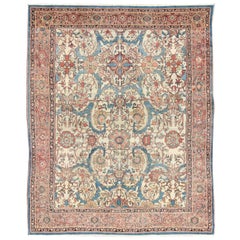 Alfombra Persa Antigua Sultanabad Rugs de Fondo Marfil, Azul, Salmón y Multicolor