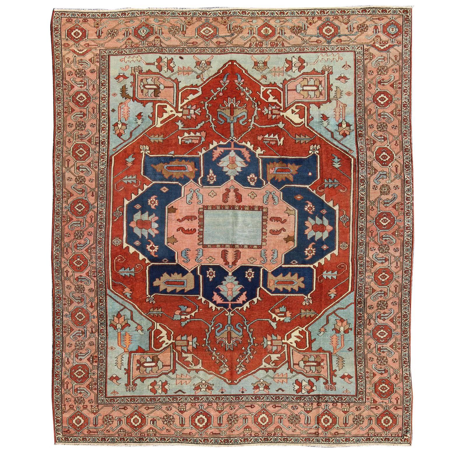 Antique Persian Serapi Carpet with Arabesque Detail and Vine-Scroll Border For Sale
