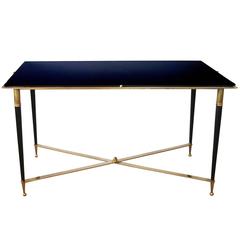 Chic French Rectangular Brass and Metal Cocktail Table with Black Glass Top