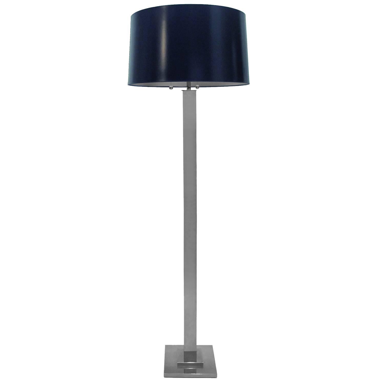 1970s Chrome Column Floor Lamp with Navy Blue Tapered Drum Shade  For Sale