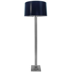 Vintage 1970s Chrome Column Floor Lamp with Navy Blue Tapered Drum Shade 