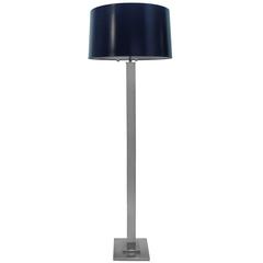 1970s Chrome Column Floor Lamp with Navy Blue Tapered Drum Shade 5