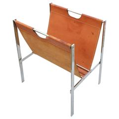 Modernist Chrome and Natural Leather Magazine Rack, Italy, 1970s