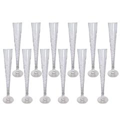 12 Antique Bohemian Champagne Flutes Etched and Applied Clear Glass, circa 1910