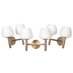 1960s Walnut and Brass Wall Sconces with Finnish Glass Shades, Set of Three