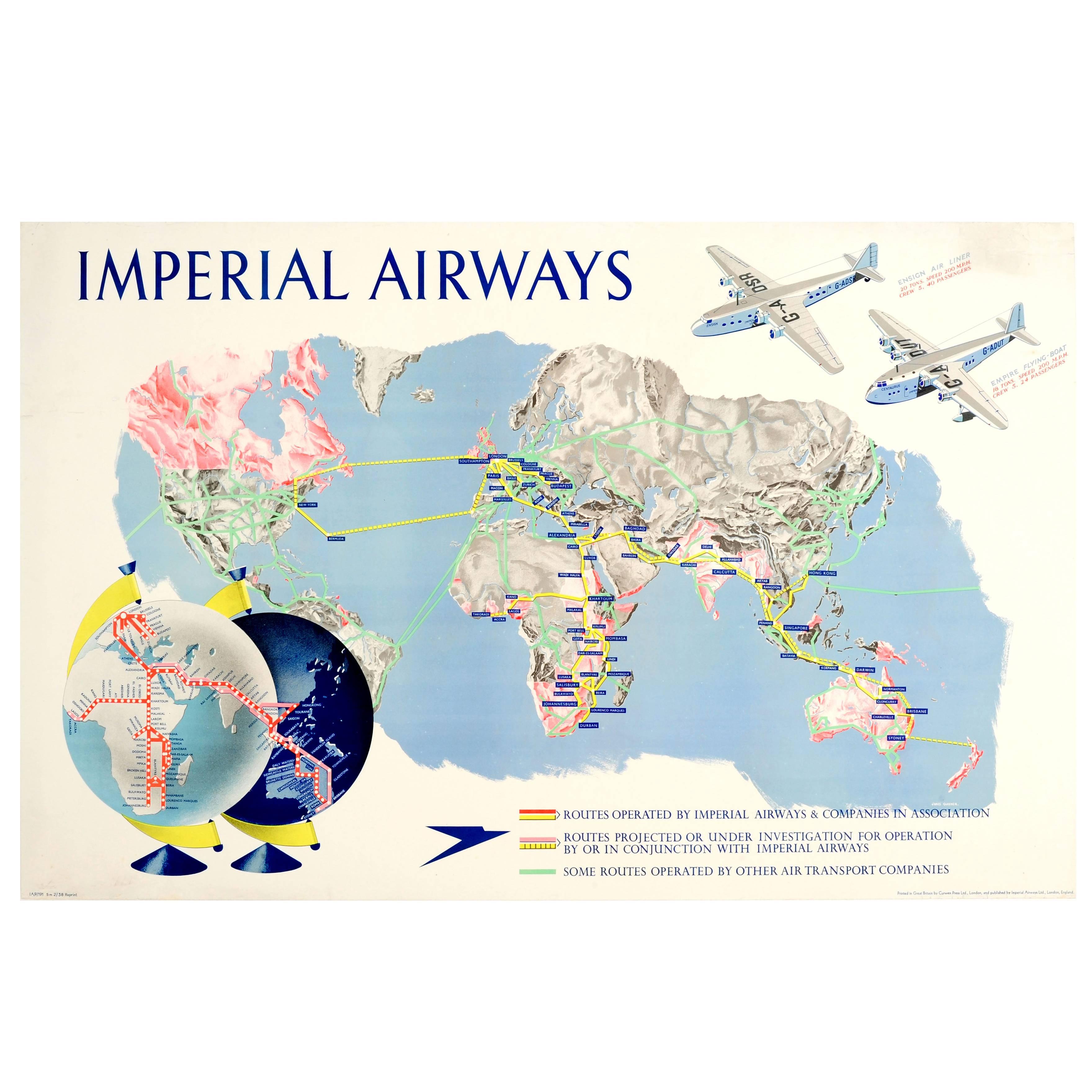 Original Vintage Imperial Airways Travel Advertising Poster Speedbird Route Map