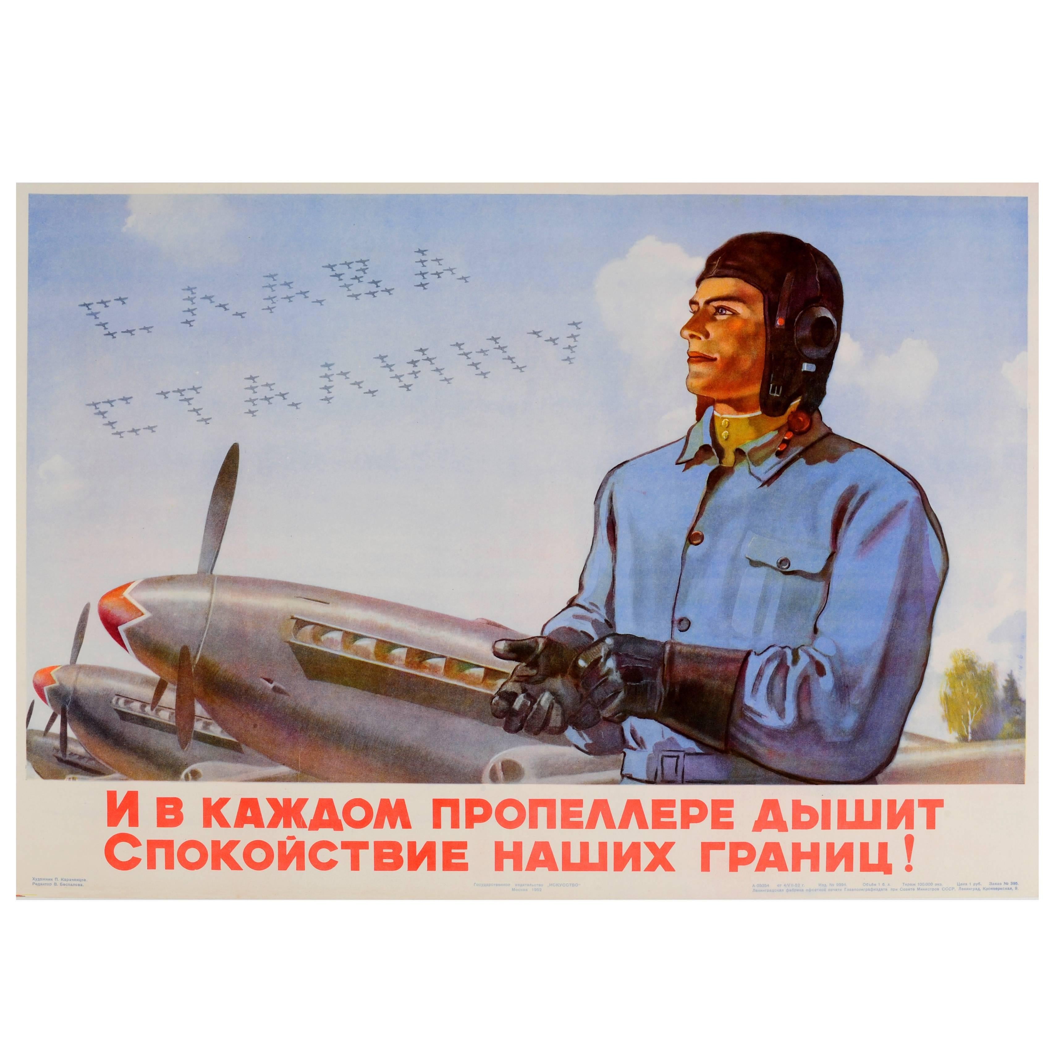 Original Soviet Propaganda Poster Glory to Stalin Featuring an Air Force Pilot