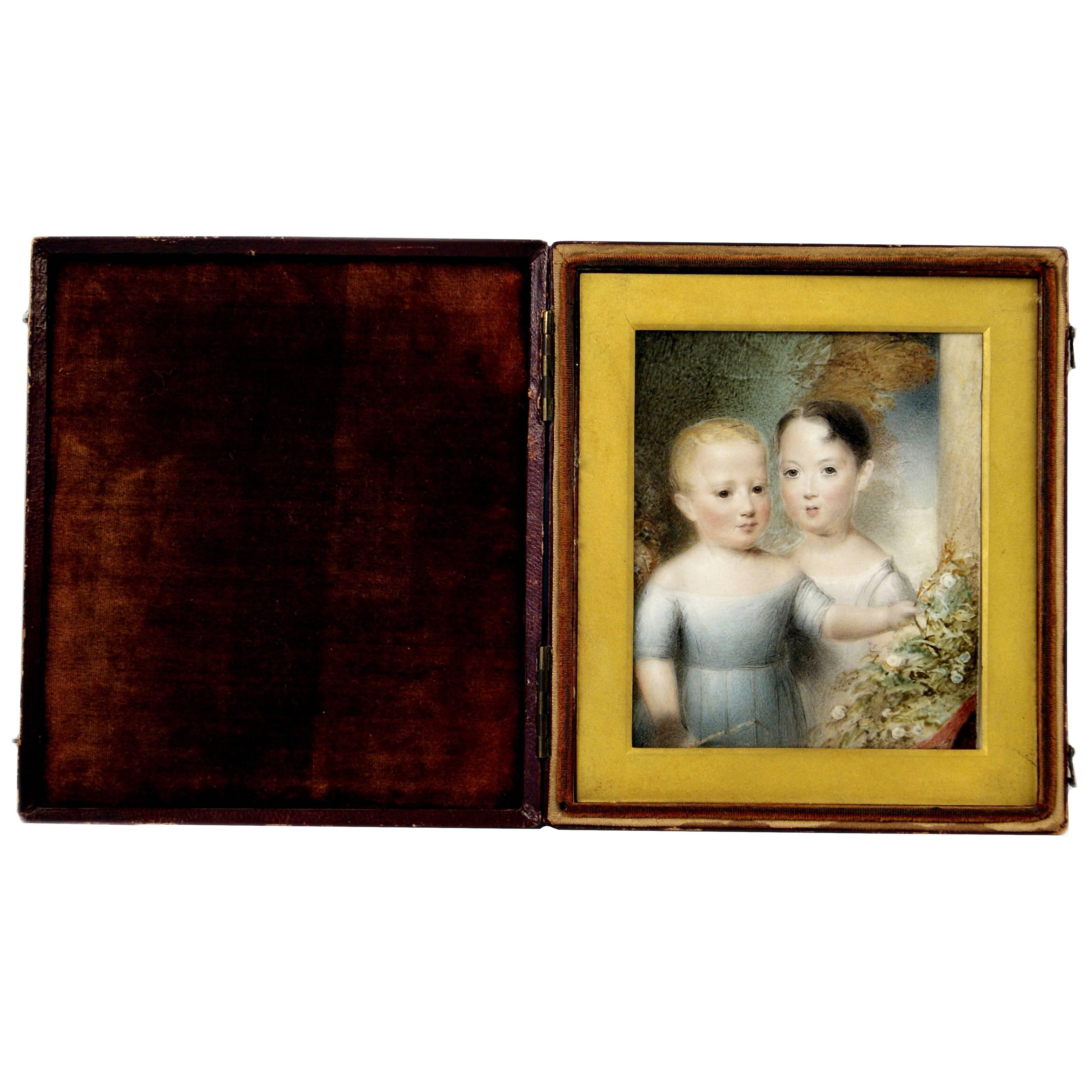 Hand-Painted Portrait En Miniature of Two Children UK Follower Beechey, c.1860
