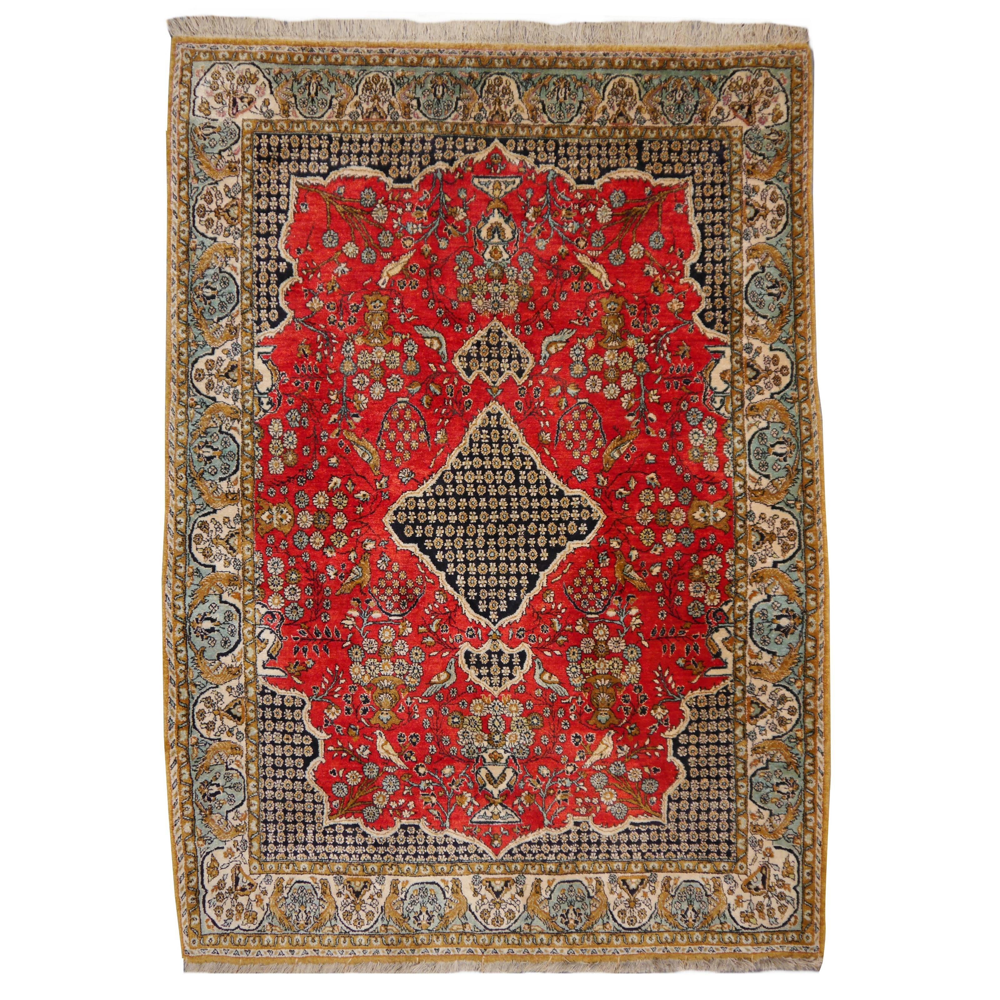 Persian Rug Qum Silk / Vintage Mid-Century Silk Rug