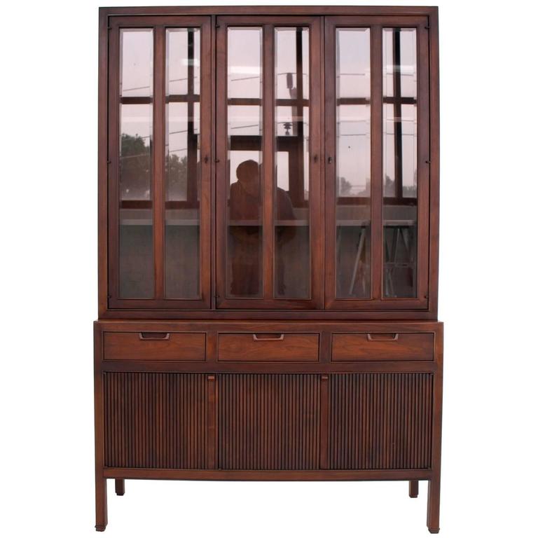 Mid Century Modern Fluted Doors Walnut China Cabinet Hutch
