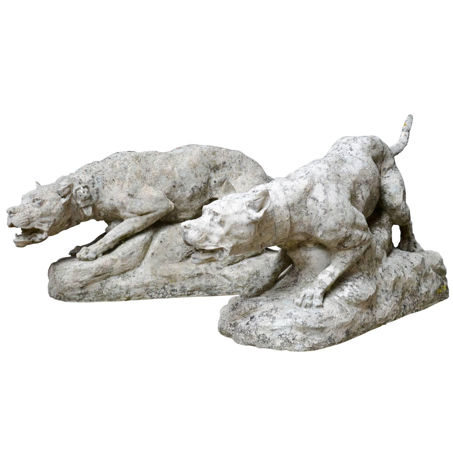 Imposing Stone Pair of Dogs Carved by Thomas Francois Cartier, circa 1910