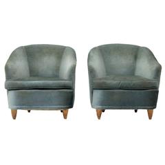 Mid-Century Italian Light Blue Velvet Armchairs, 1950s, Set of Two