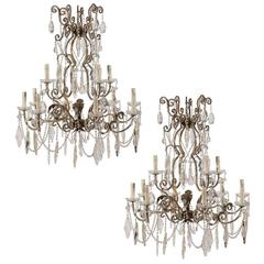 Pair of Italian Crystal Twelve-Light Chandeliers with Two-Tiered Set of Lights