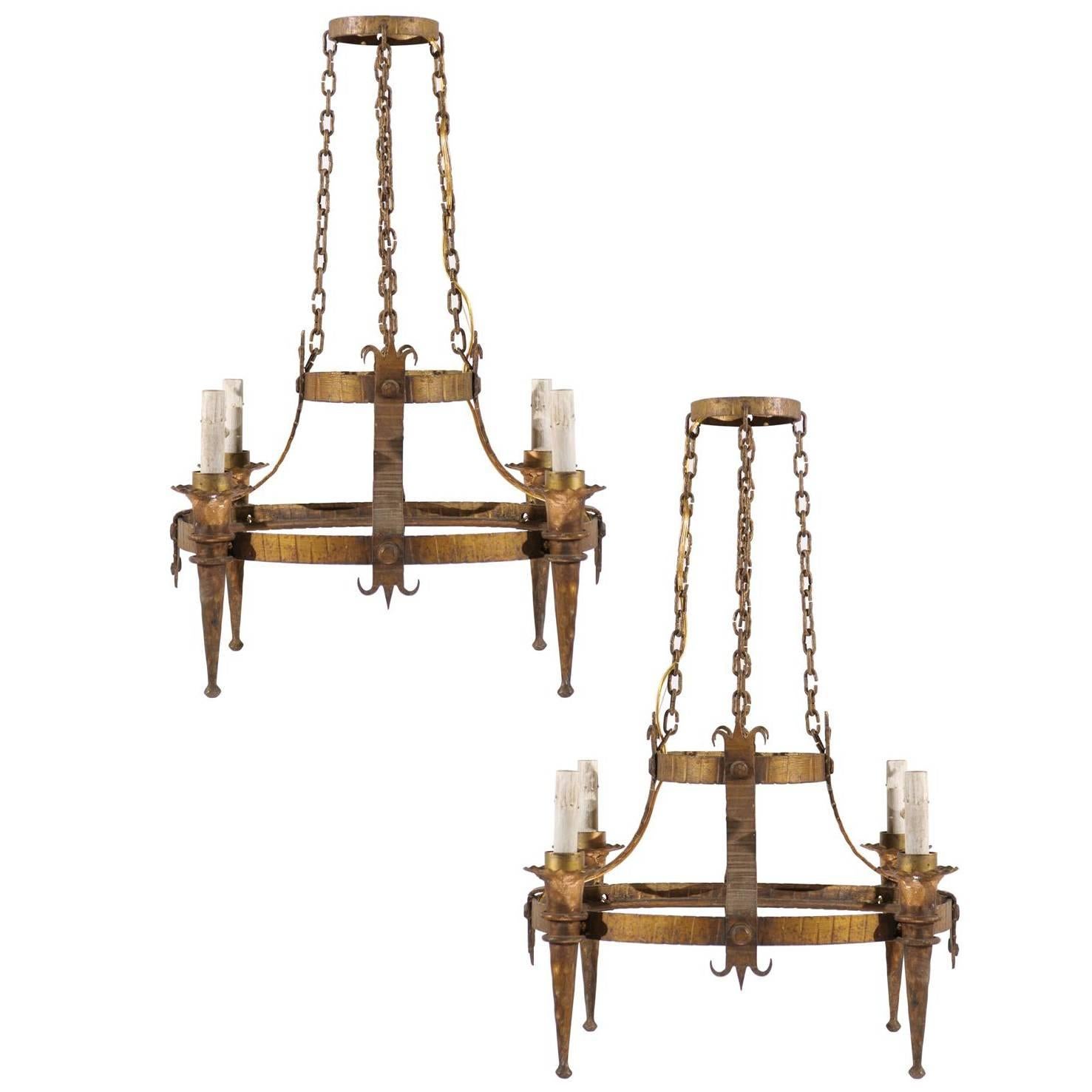 Pair of French Gilt-Metal Ring Chandeliers w/Torch Lights & Fleur-de-Lys Accents