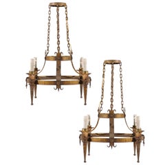 Pair of French Gilt-Metal Ring Chandeliers w/Torch Lights & Fleur-de-Lys Accents