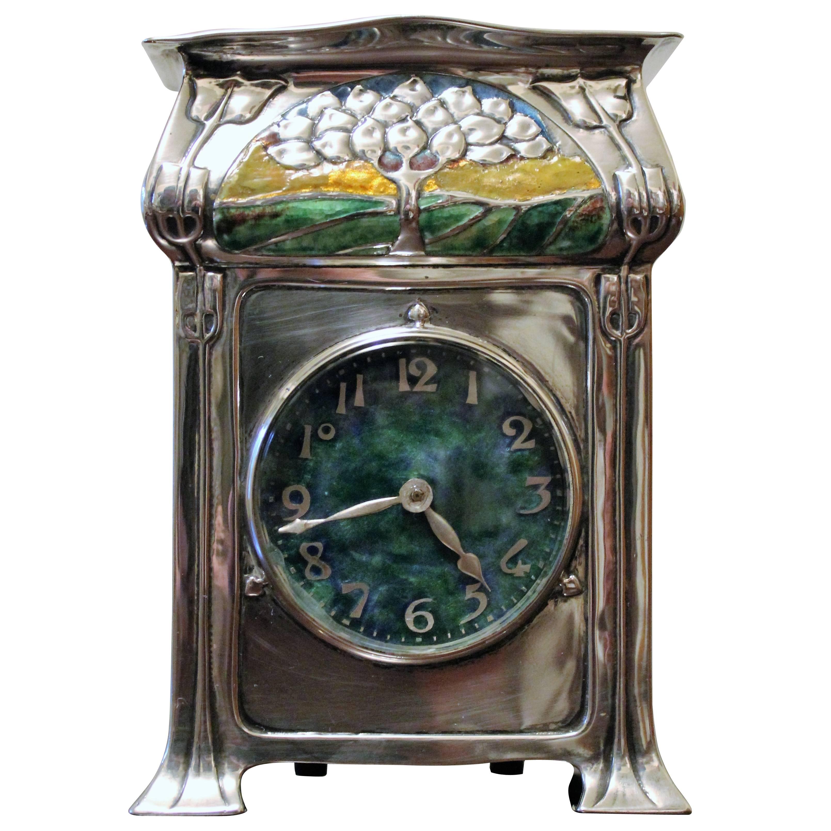 David Veasey for Liberty & Co. 'Cymric' Silver and Enamel Mantel Clock