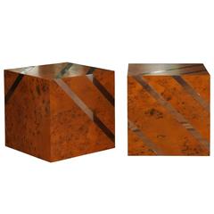 Exceptional Restored Pair of Olivewood and Nickel Cubes