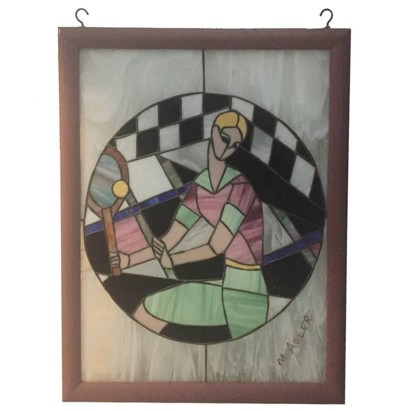 Signed Art Deco Stained Glass of Women Playing Tennis For Sale