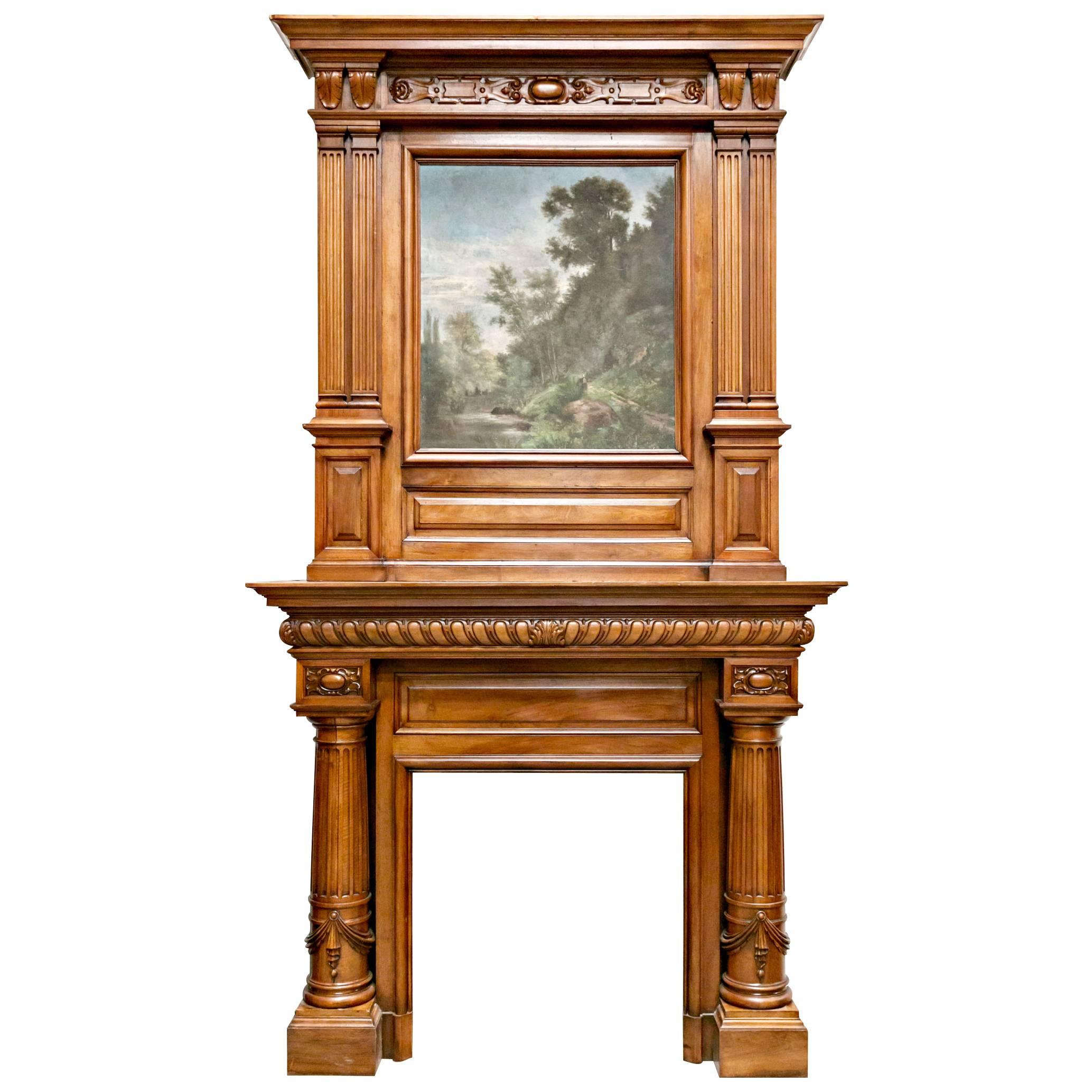 Monumental French Renaissance Revival Walnut Fireplace with Trumeau Overmantel