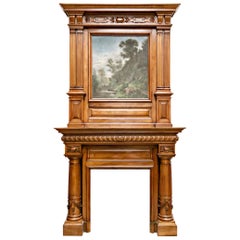 Monumental French Renaissance Revival Walnut Fireplace with Trumeau Overmantel