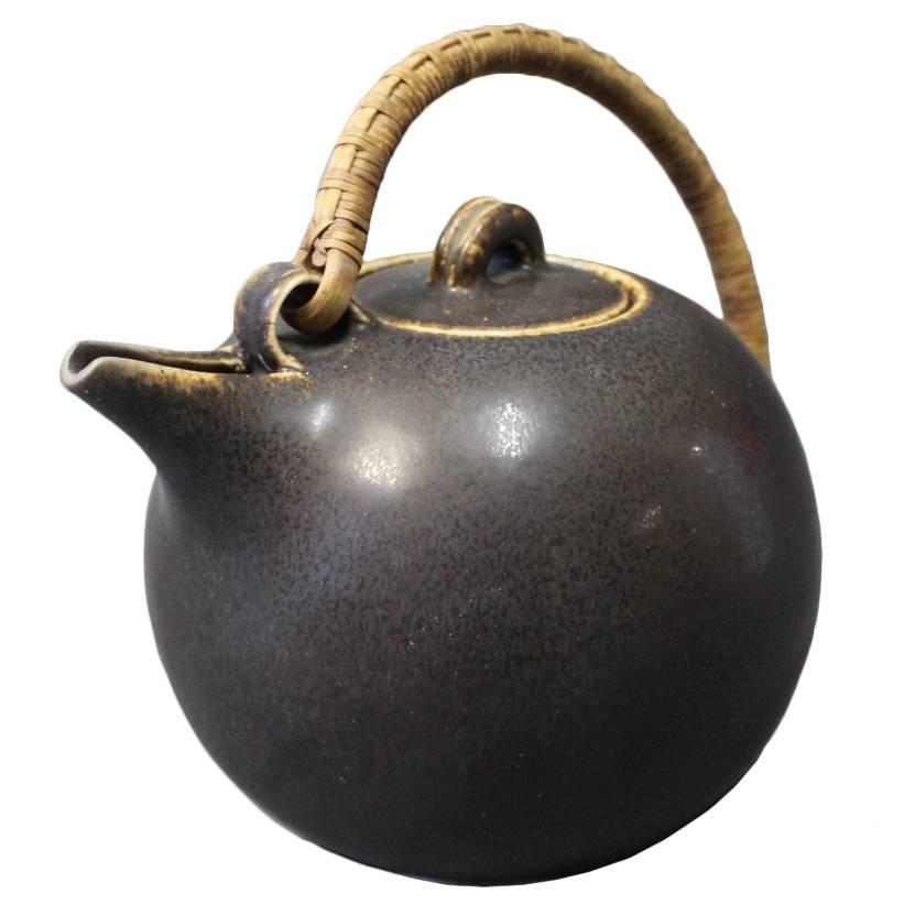 Saxbo Dark Brown Glazed Stoneware Teapot with Bast Handle No. 64, 1940s