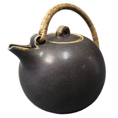 Vintage Saxbo Dark Brown Glazed Stoneware Teapot with Bast Handle No. 64, 1940s