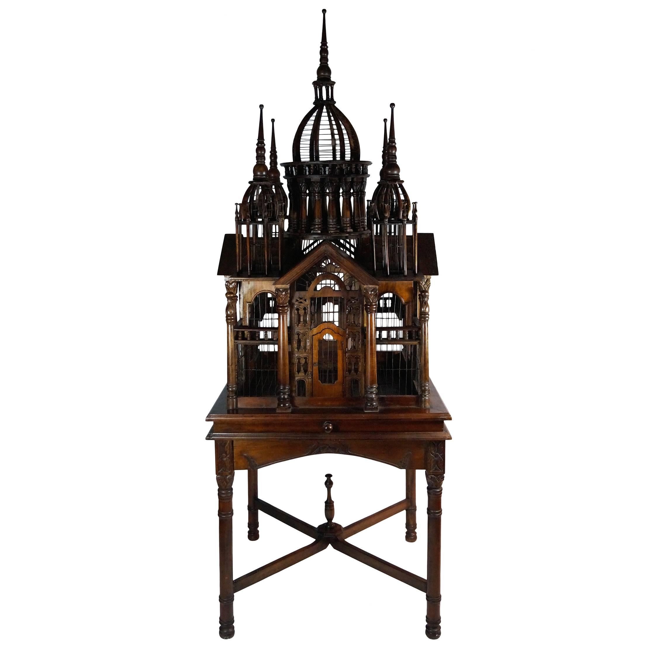Grand Architectual Mahogany Bird Cage on Stand, Italy, Early 20th Century