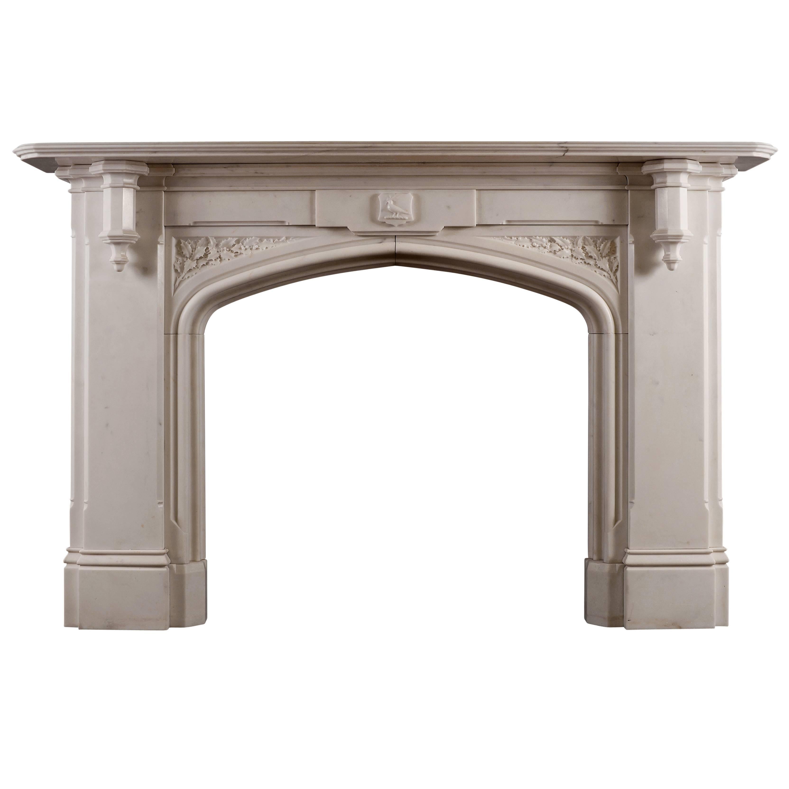 Fine Gothic Revival Statuary Marble Fireplace Mantel