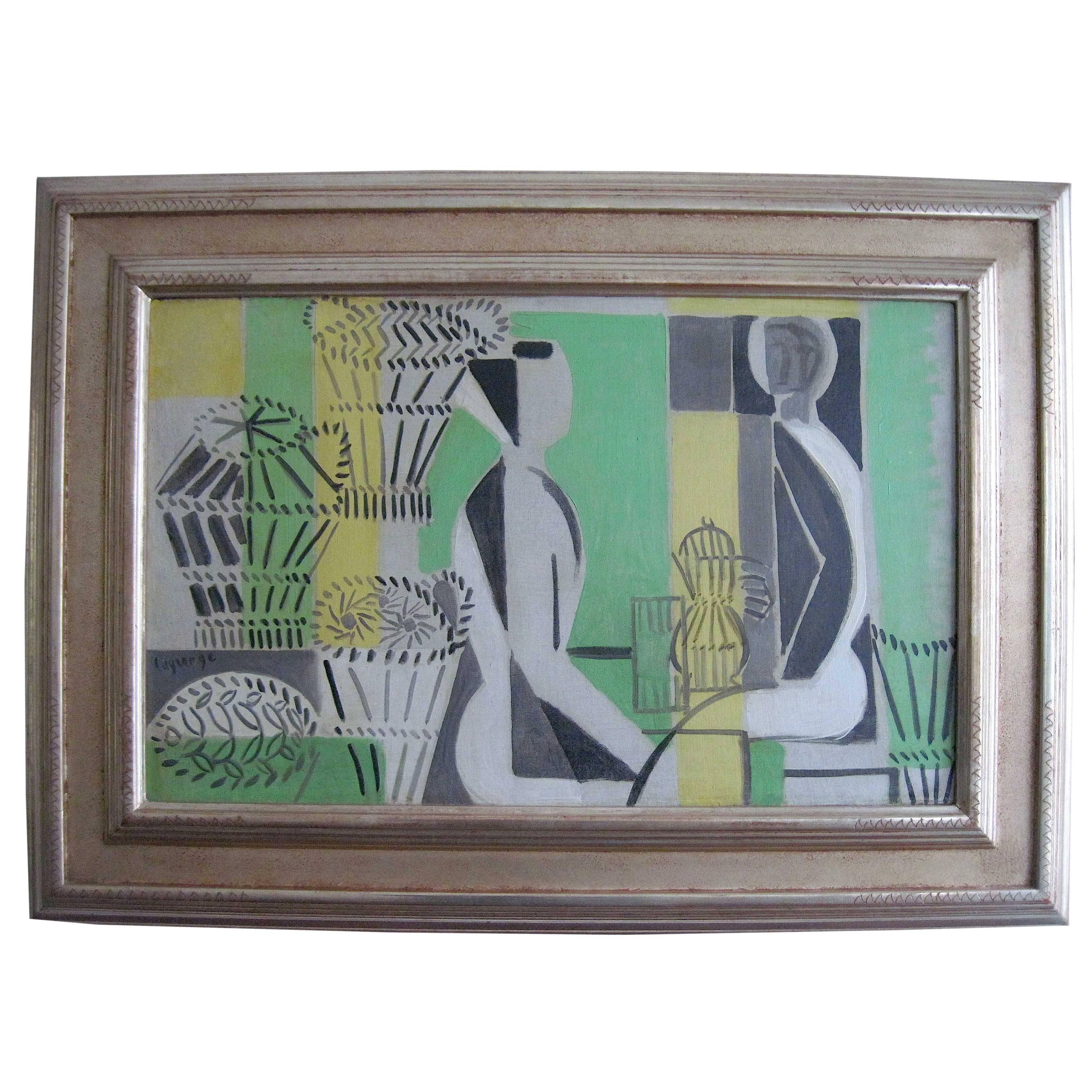 French, Mid-Century Modern Abstract Oil Painting w Pale Green, J. Lagrange