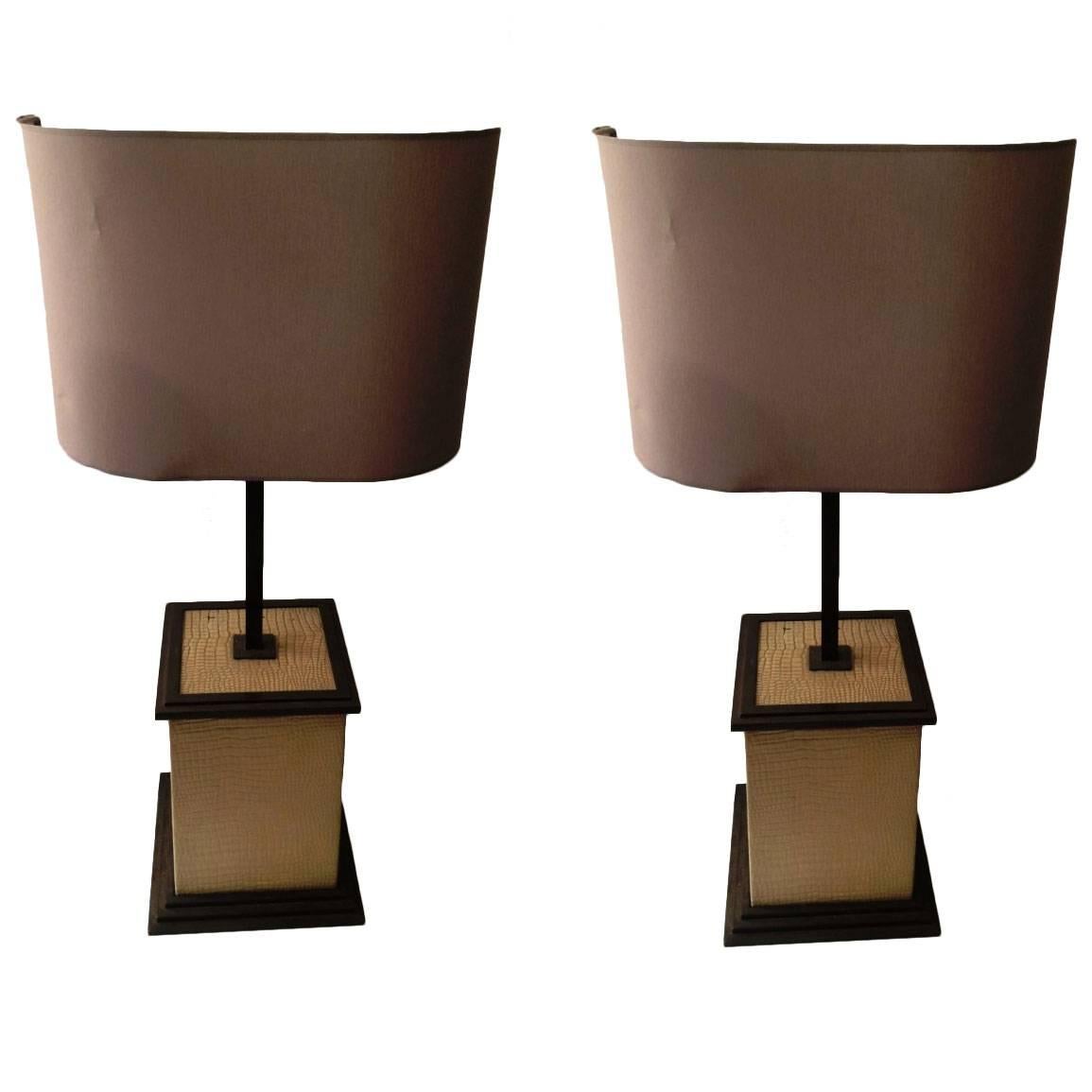 Pair of 1970's brass and leather table lamps For Sale