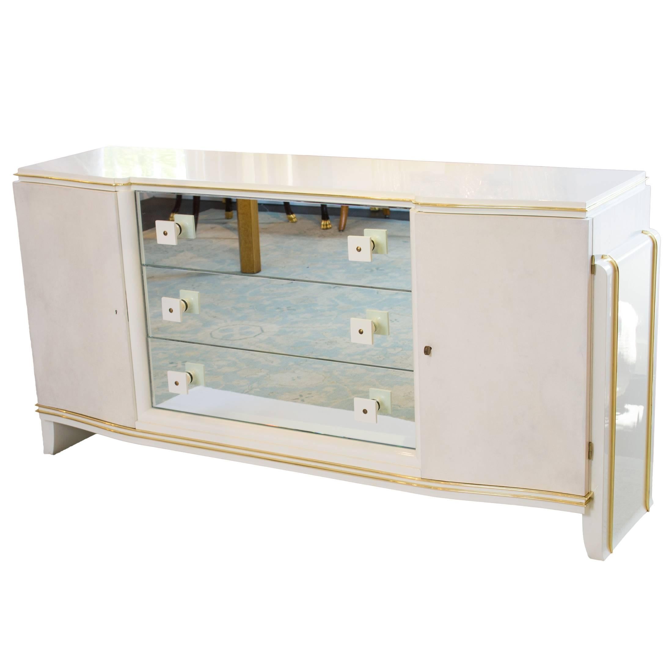 French Parchment and White Lacquer Dresser with Brass Inlays For Sale