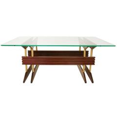 Italian Glass, Brass 
Wood Coffee Table, 1950s