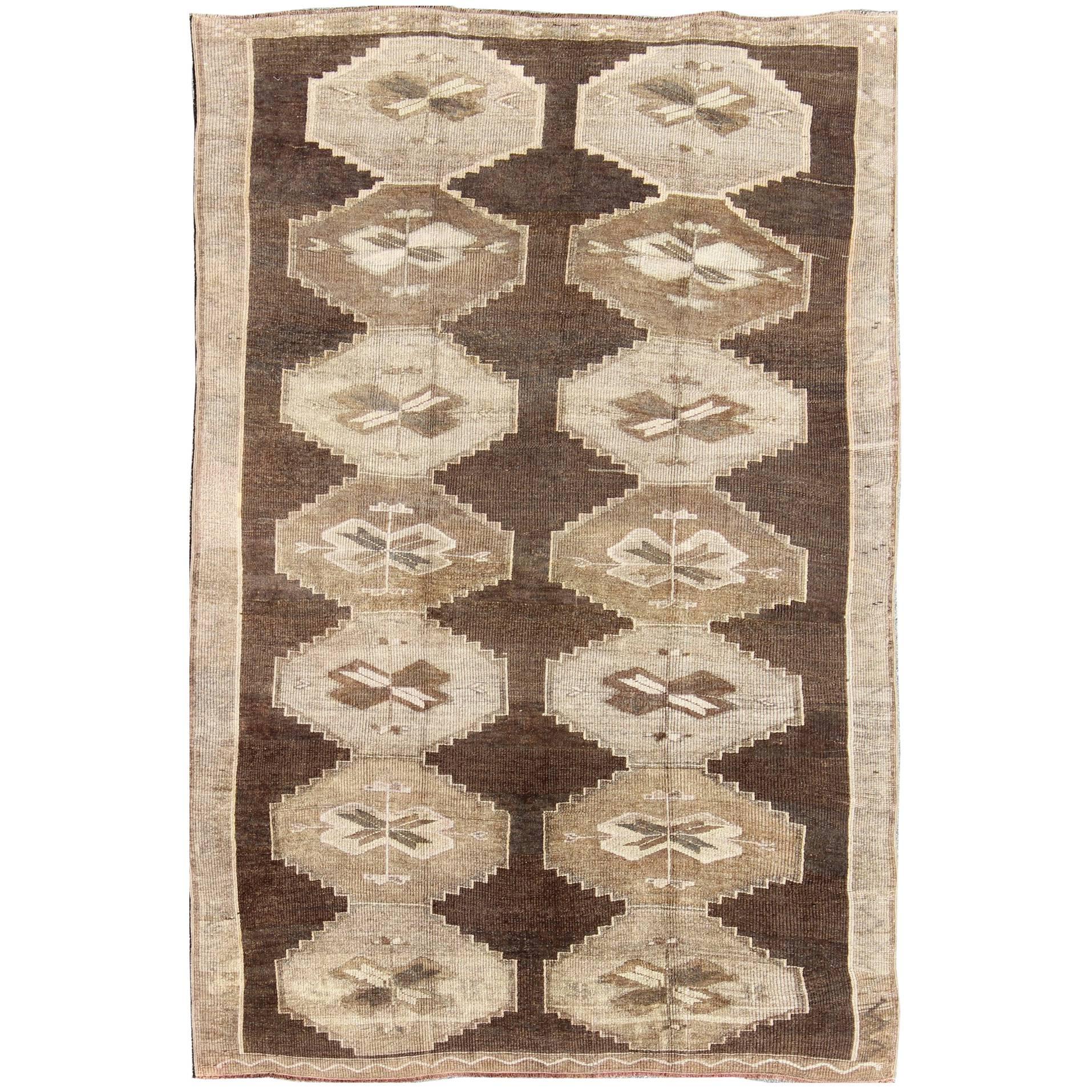 Vintage Turkish Kars Rug with All Over Geometric Design in Brown and earth tones For Sale