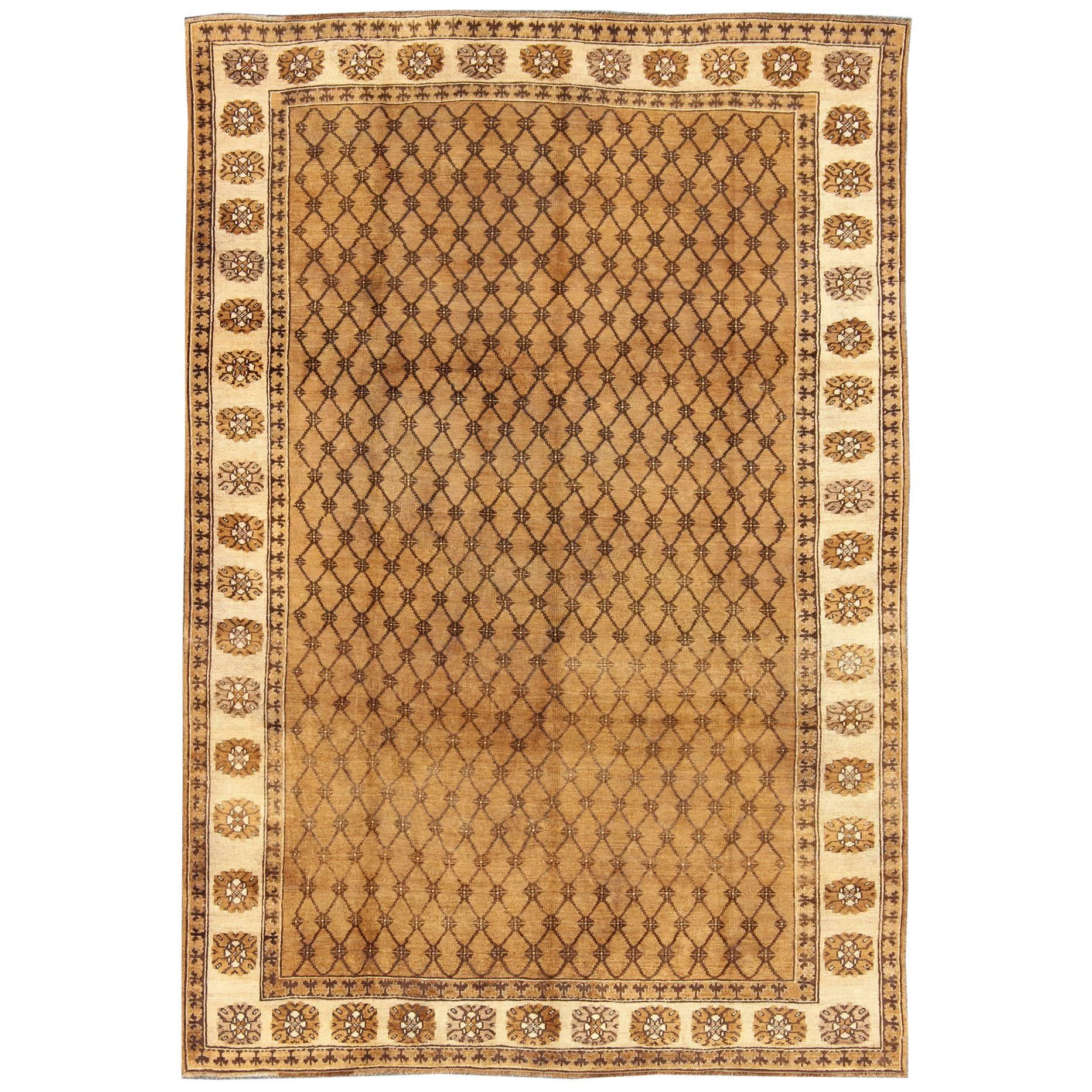 Vintage Turkish Rug with Modern Design in Brown, Mocha and Cream