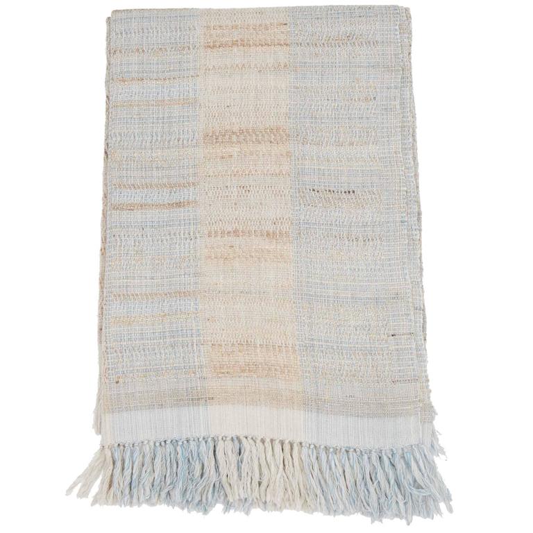 Indian Hand Woven Throw. Light Blue and Beige. Linen and Raw Silk. For