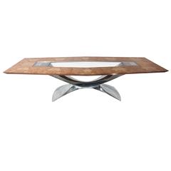 Polished Nickel Sculptural Conference or Dining Table with Burr Olive Ash Top