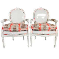 Pair of French Louis XV Style Lacquered Upholstered Armchairs