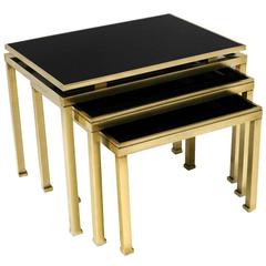 Set of Three Brass and Black Glass Nesting Tables by Guy Lefevre, circa 1970 4