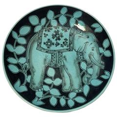 One-of-a-kind Karlsruhe Majolica art ceramic Elephant Plate Black Turquoise