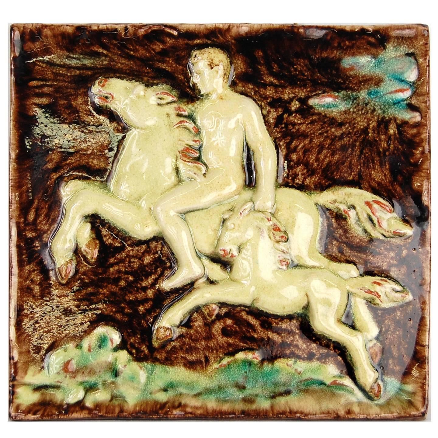 Rider Karlsruhe Majolica Art Déco Glazed Tile Panel Relief by Ruf, Brown Green