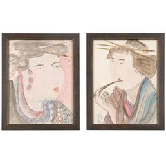Pair of Large Early 20th Century Japanese Watercolour Portraits