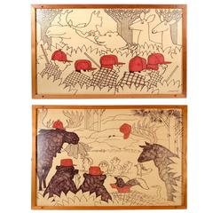 Pair of Framed Red Capped Hunter Cartoon Drawings